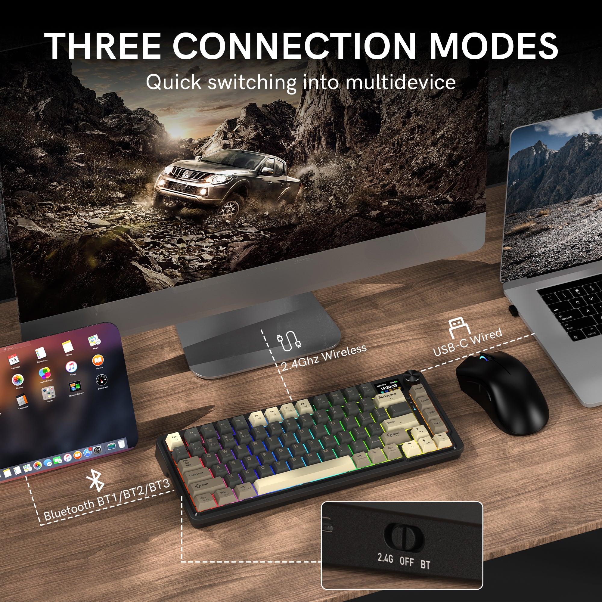 Redragon K751 75% Wireless Mechanical Gaming Keyboard For PC/Mac With Screen And Knob