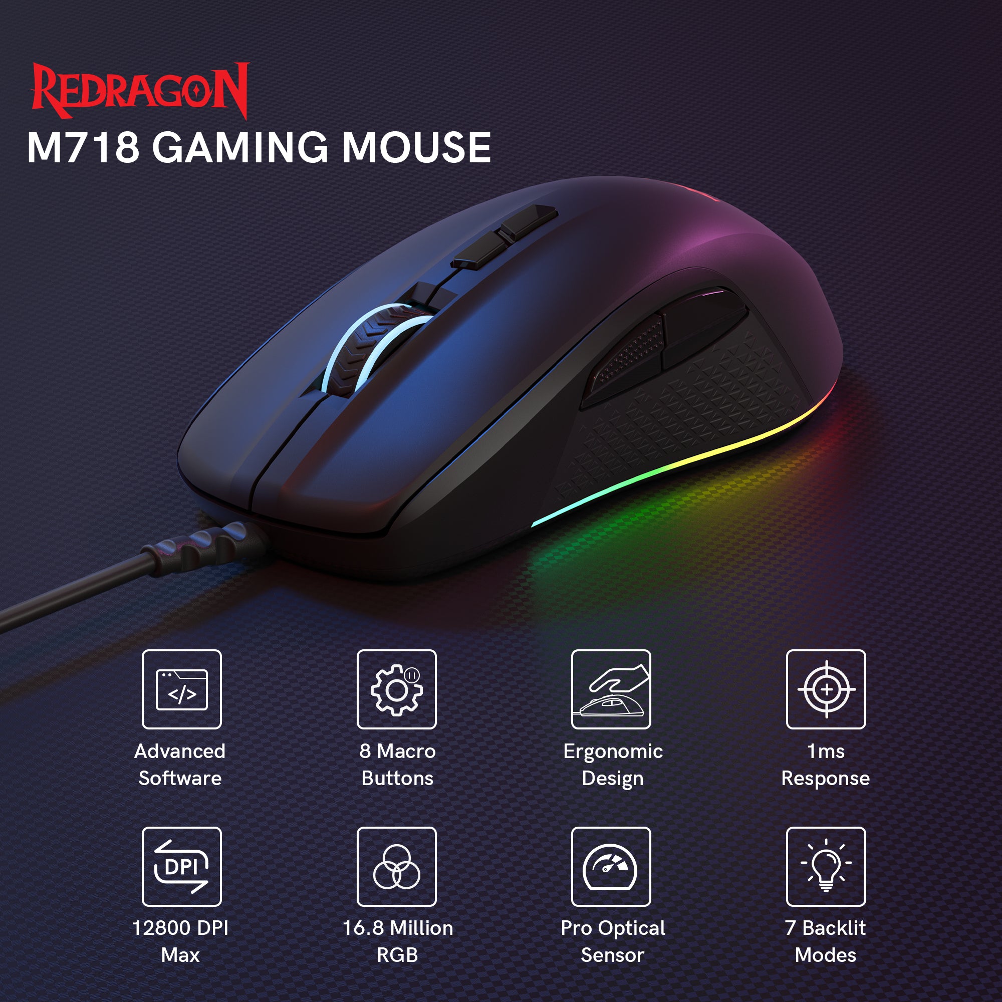 Redragon M718 Wired Gaming Mouse With RGB Backlits