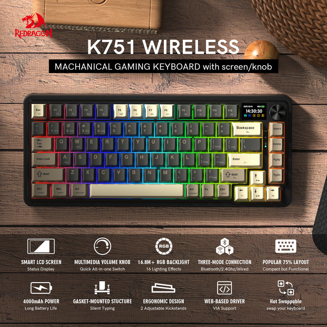 Redragon K751 75% Wireless Mechanical Gaming Keyboard For PC/Mac With Screen And Knob