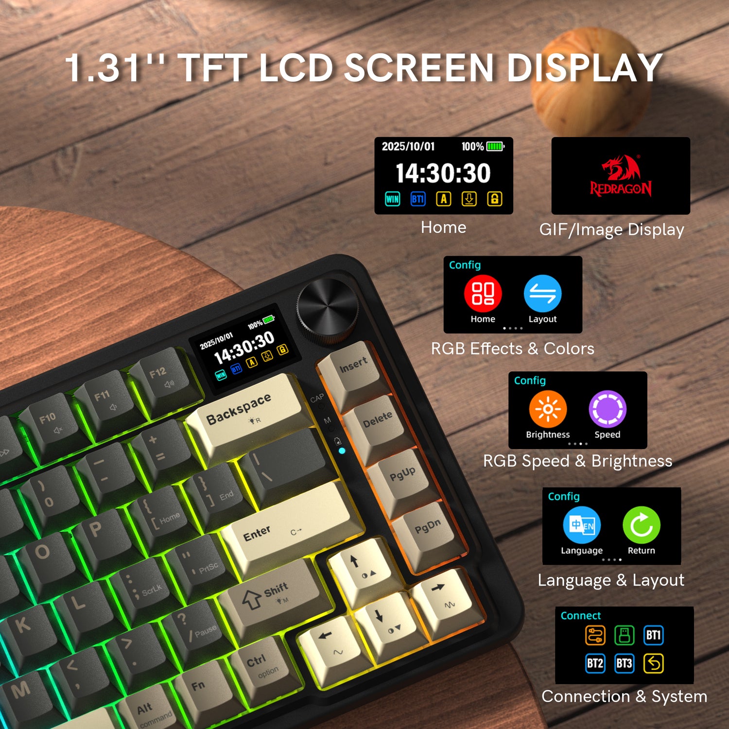 Redragon K751 75% Wireless Mechanical Gaming Keyboard For PC/Mac With Screen And Knob