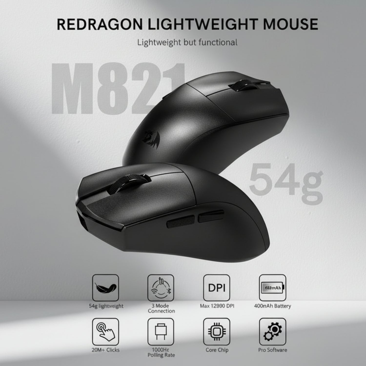 Redragon M821 Tri-Mode Wireless Gaming Mouse With Programmable Buttons